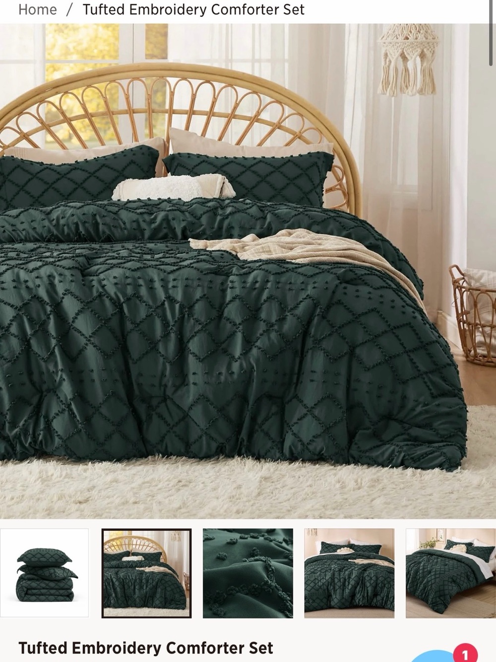 Bedsure Tufted Embroidery Comforter Set Green size king 90x104
